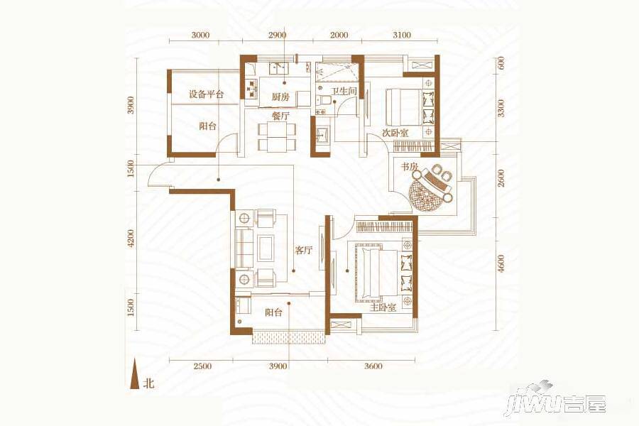 华夏茗湾学府3室2厅1卫115㎡户型图