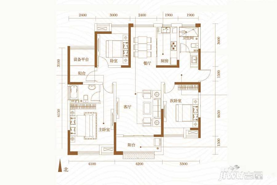 华夏茗湾学府3室2厅2卫136㎡户型图