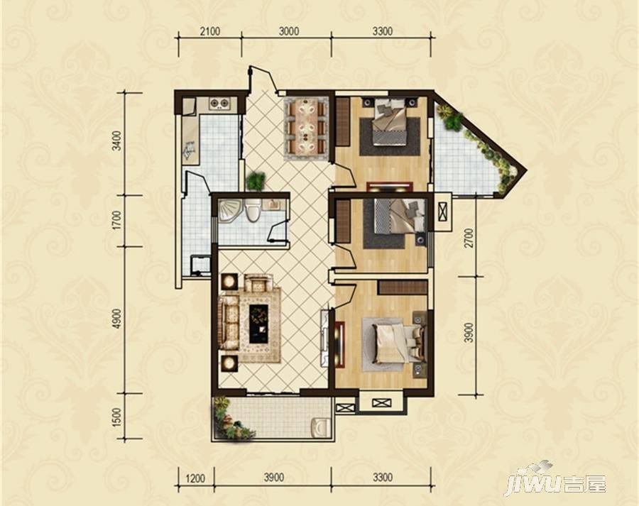 锦绣豪庭3室2厅1卫108.7㎡户型图