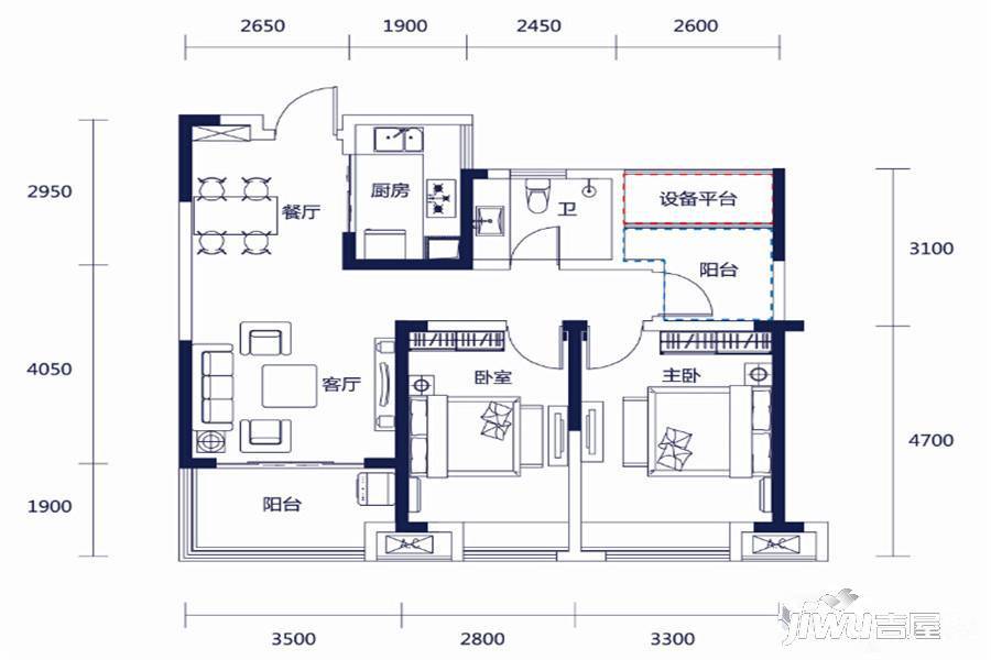 皖投天下名筑3室2厅1卫92㎡户型图