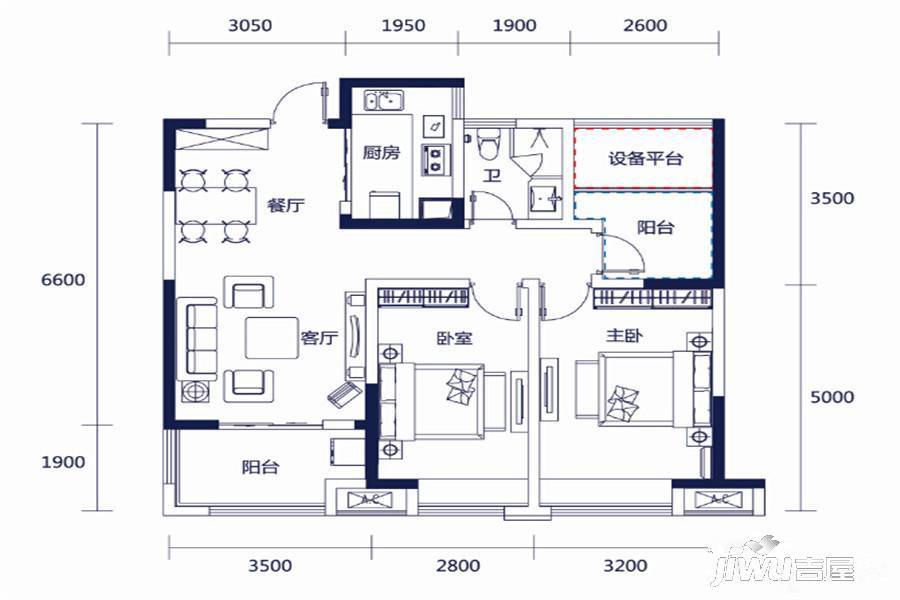 皖投天下名筑3室2厅1卫94㎡户型图