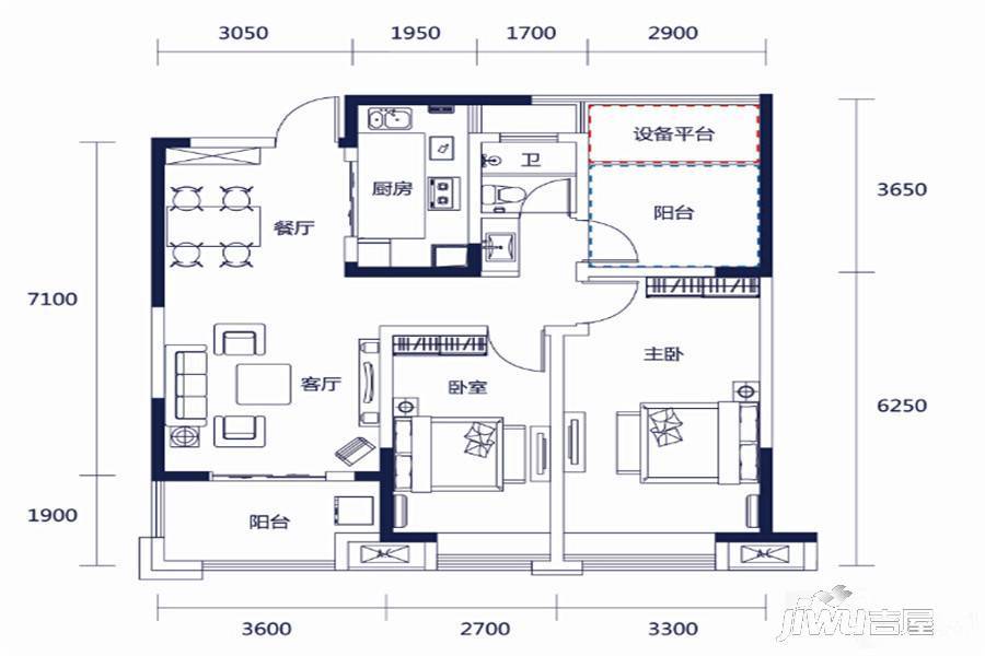 皖投天下名筑3室2厅1卫103㎡户型图