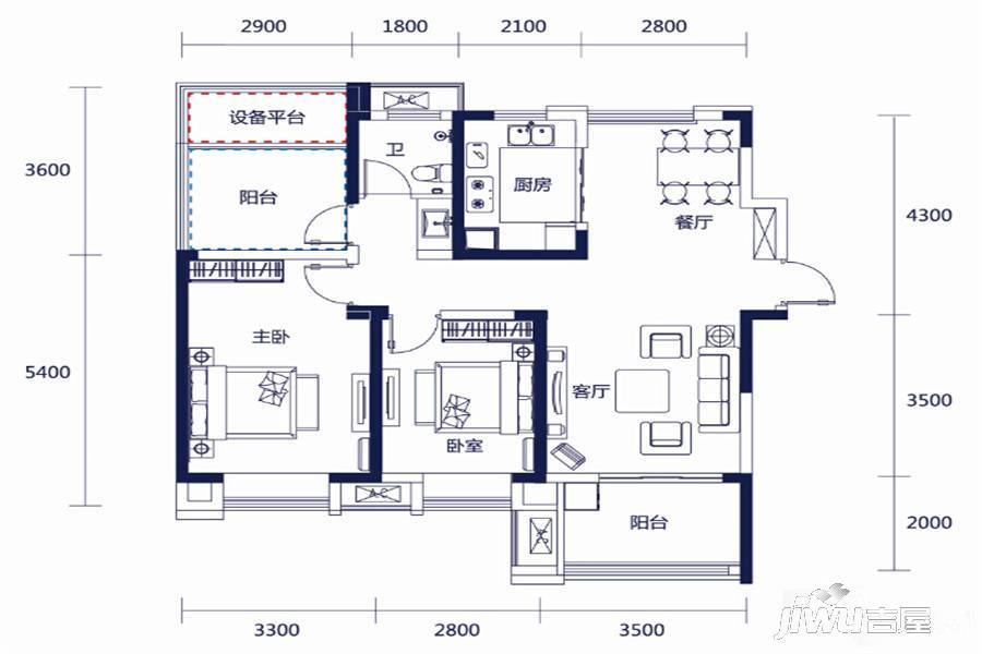 皖投天下名筑3室2厅1卫102㎡户型图