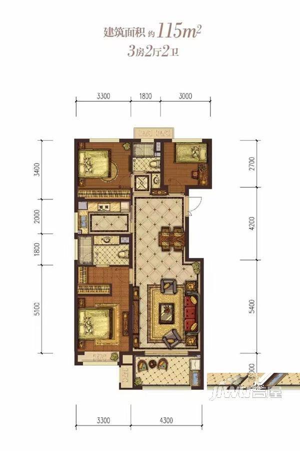 蓝光雍锦半岛3室2厅2卫115㎡户型图