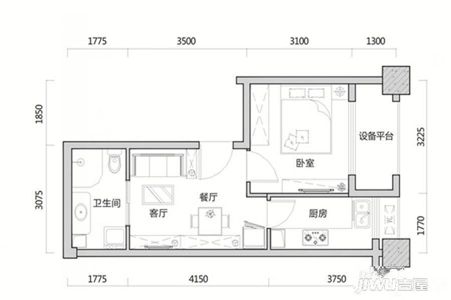 世纪中心1室1厅1卫44.6㎡户型图