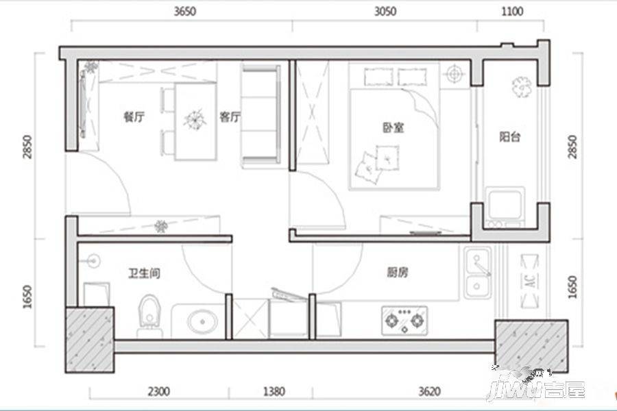 世纪中心1室1厅1卫46.3㎡户型图