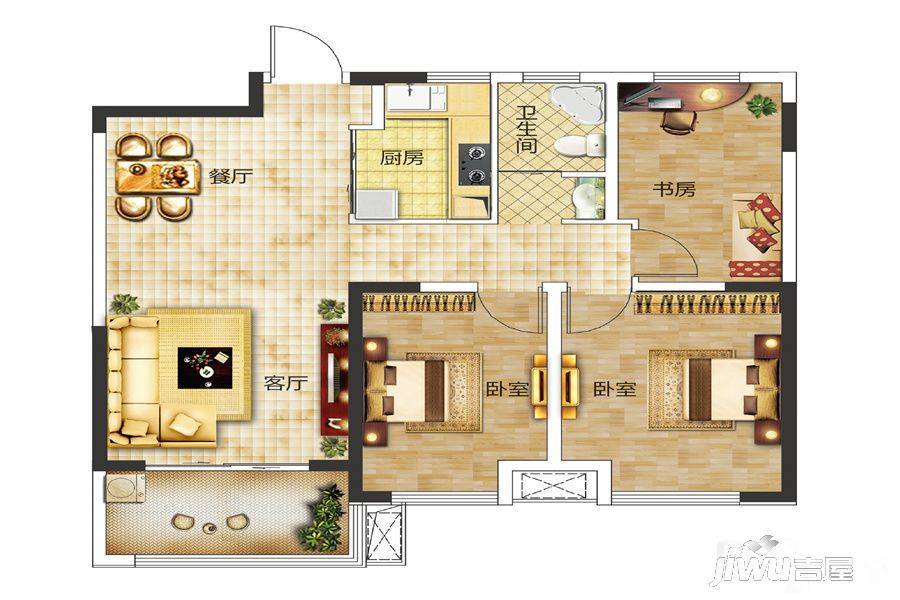 幸福金色湖畔3室2厅1卫96㎡户型图