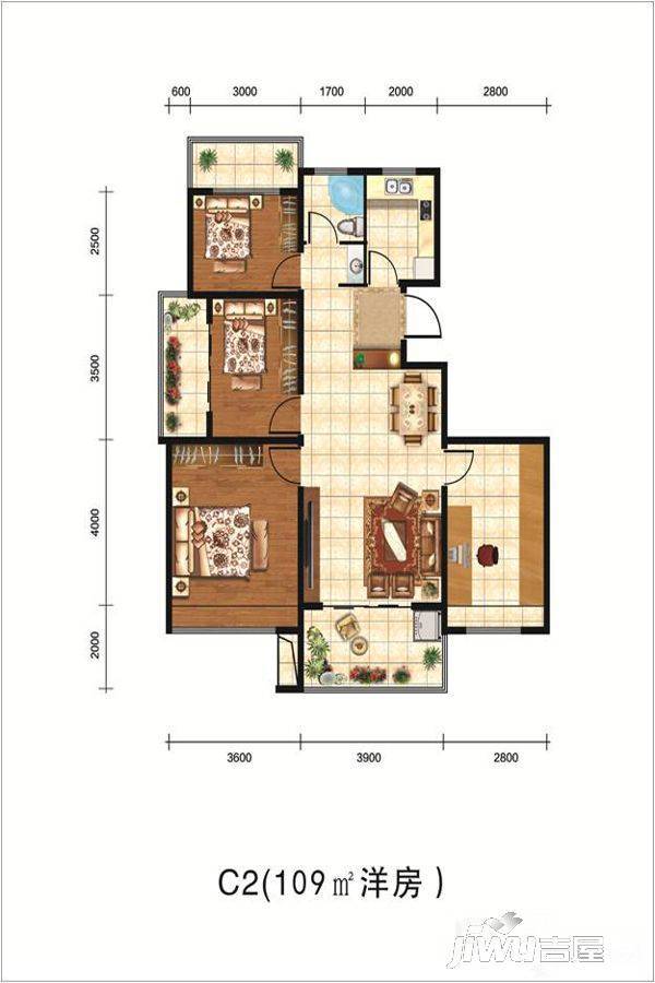 文一锦门学院里3室2厅1卫109㎡户型图