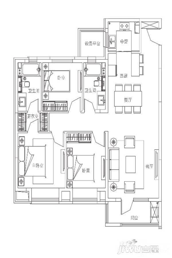 当代天鹅湖ΜΟΜΛ3室2厅2卫125㎡户型图