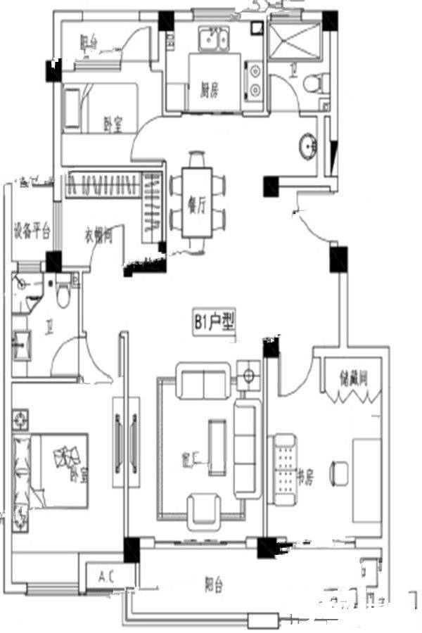 新滨湖孔雀城3室2厅2卫105㎡户型图