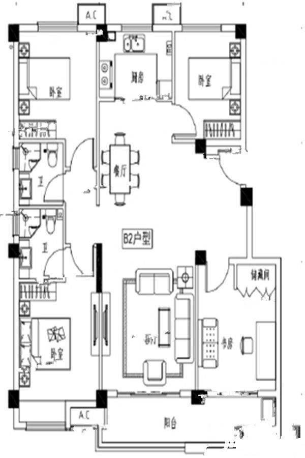 新滨湖孔雀城4室2厅2卫115㎡户型图