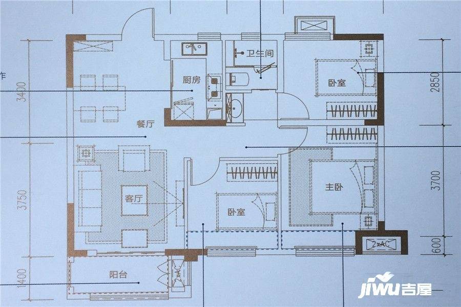 新滨湖孔雀城3室2厅1卫85㎡户型图