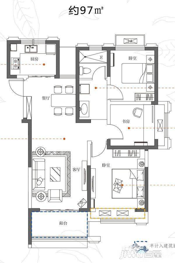 东方名邸3室2厅1卫97㎡户型图