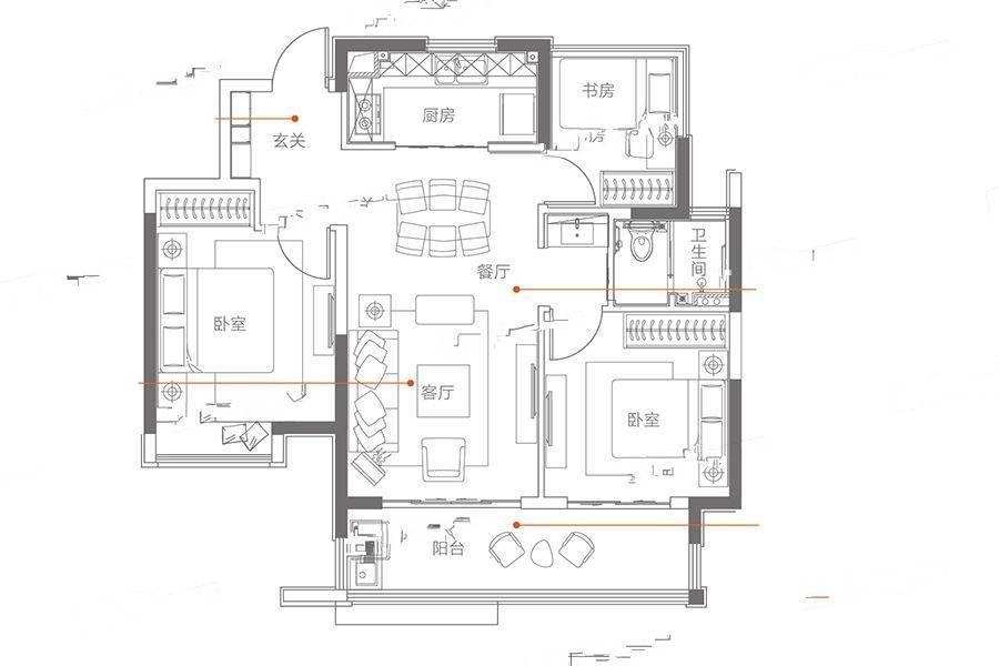 保利罗兰香谷3室2厅1卫92㎡户型图