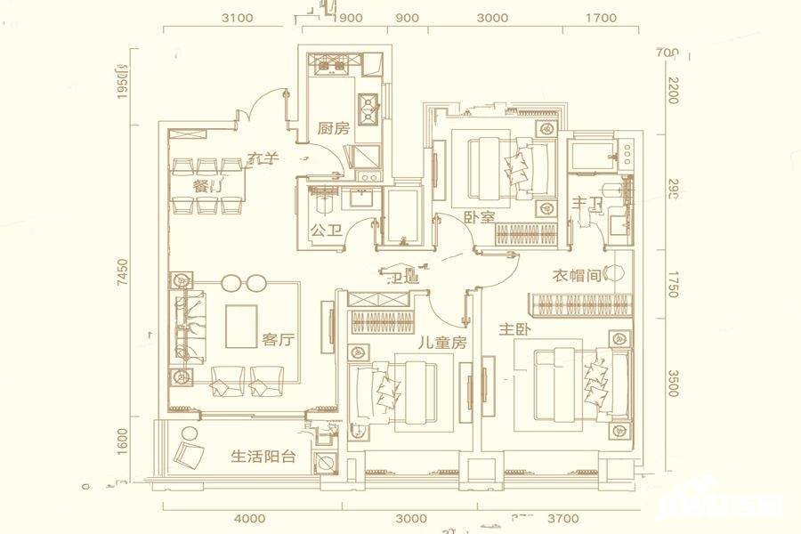 半岛公馆3室2厅2卫115㎡户型图