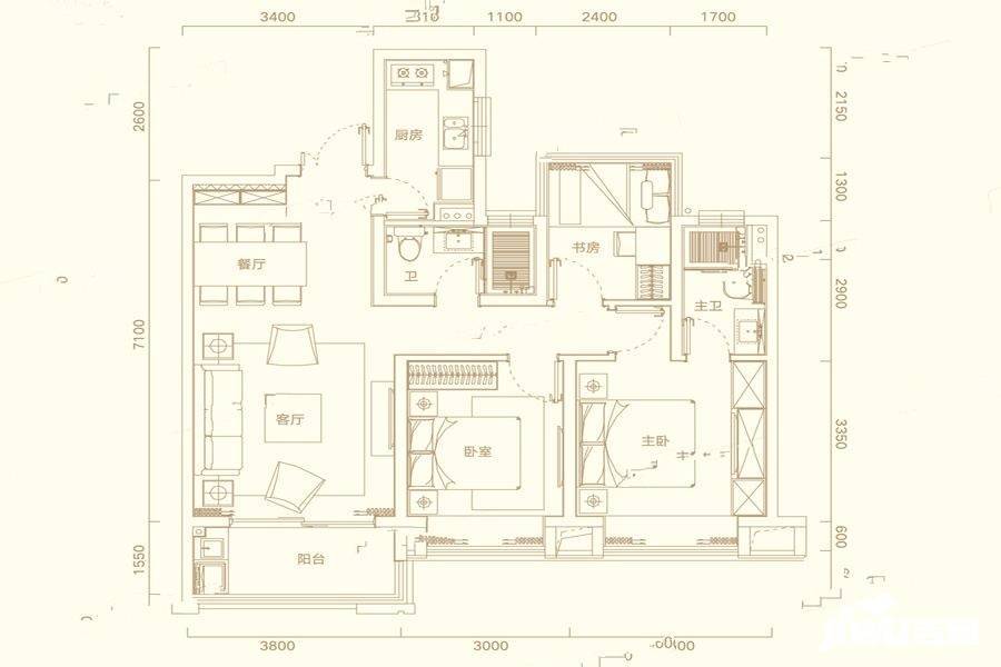 半岛公馆3室2厅2卫104㎡户型图