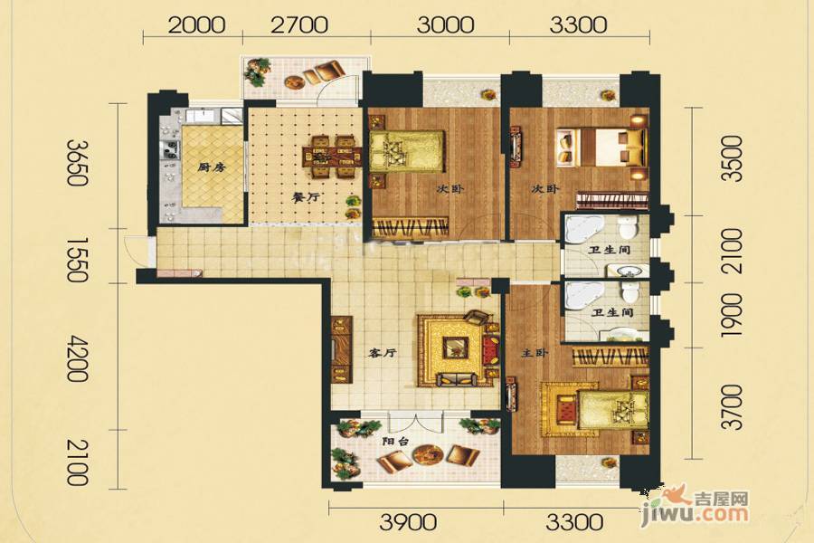红盾时尚公寓3室2厅2卫129.8㎡户型图