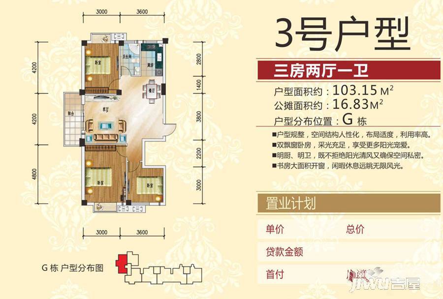 冠南汇侨城3室2厅1卫103.2㎡户型图