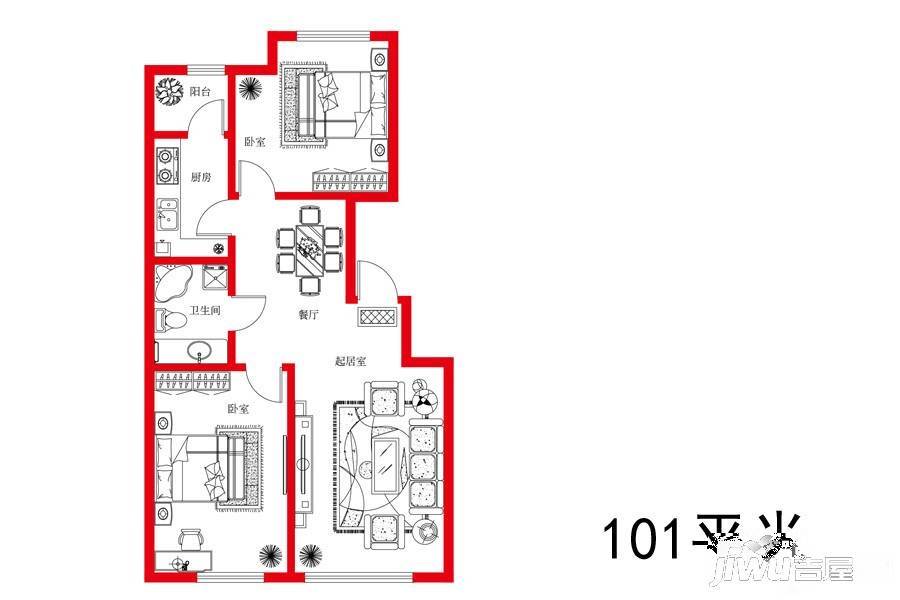 吉邦上东一号2室2厅1卫101㎡户型图