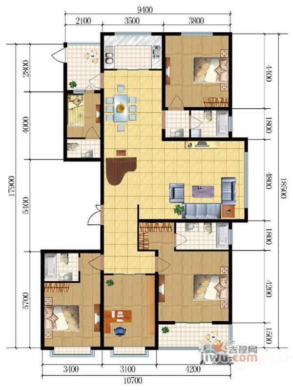 滨河城上城5室2厅4卫230.2㎡户型图