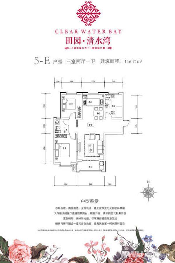 田园清水湾3室2厅1卫116.7㎡户型图