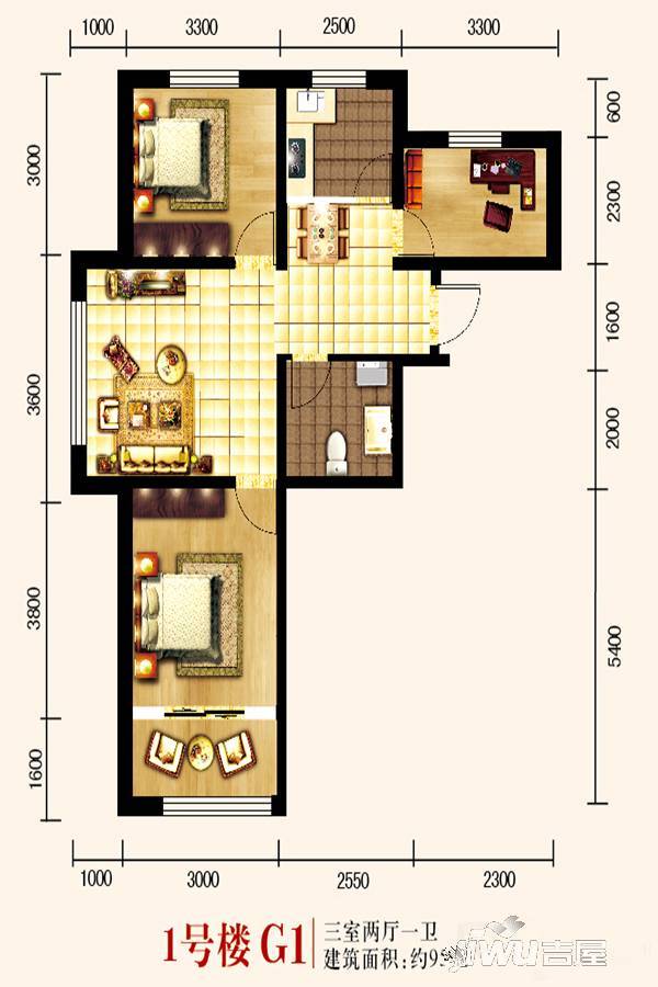 城关江南明珠3室2厅1卫95.2㎡户型图