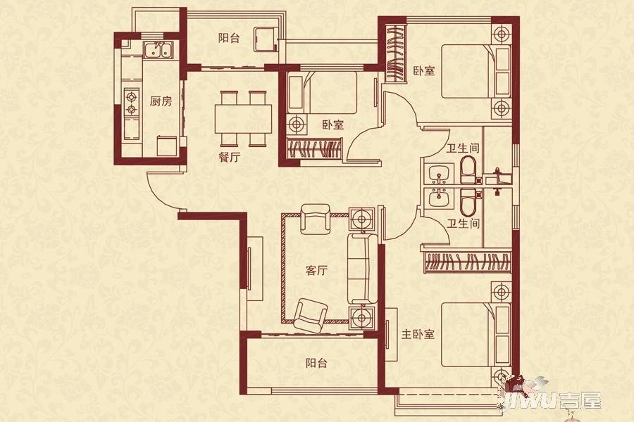 恒大绿洲3室2厅2卫122㎡户型图