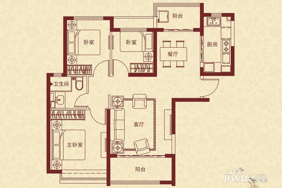 恒大绿洲3室2厅1卫107㎡户型图