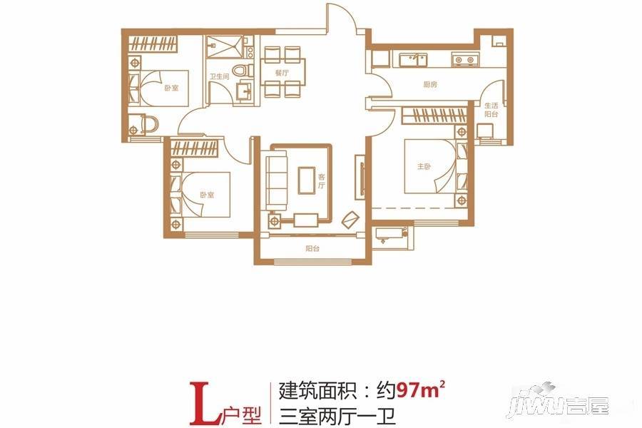 中海河山郡3室2厅1卫97㎡户型图