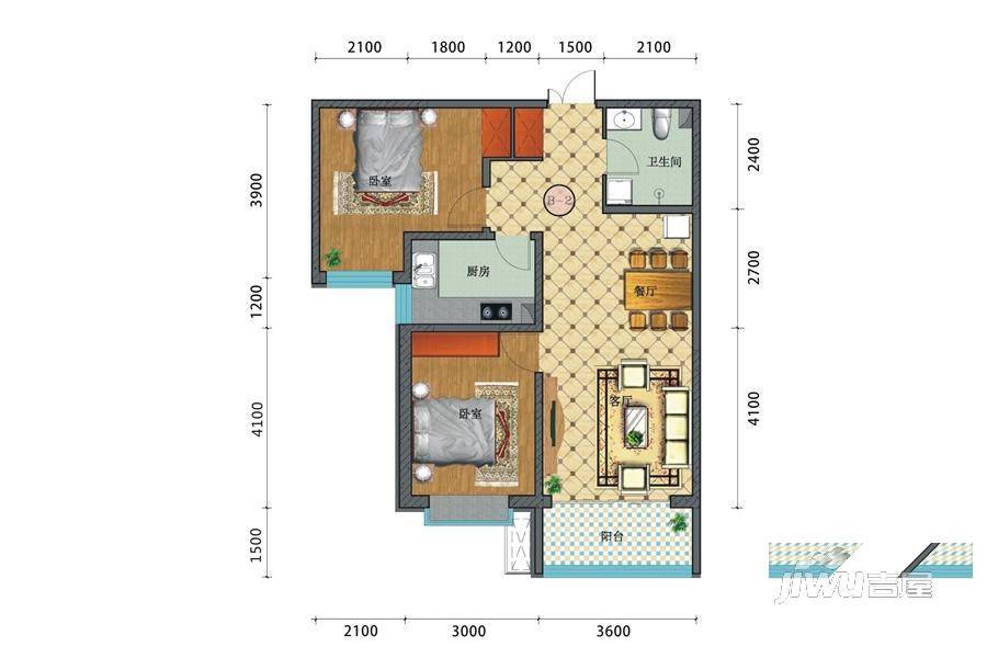 中国铁建云公馆2室2厅1卫90.5㎡户型图