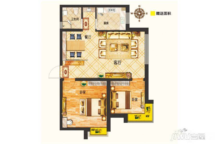 上层观邸2室2厅1卫74.3㎡户型图