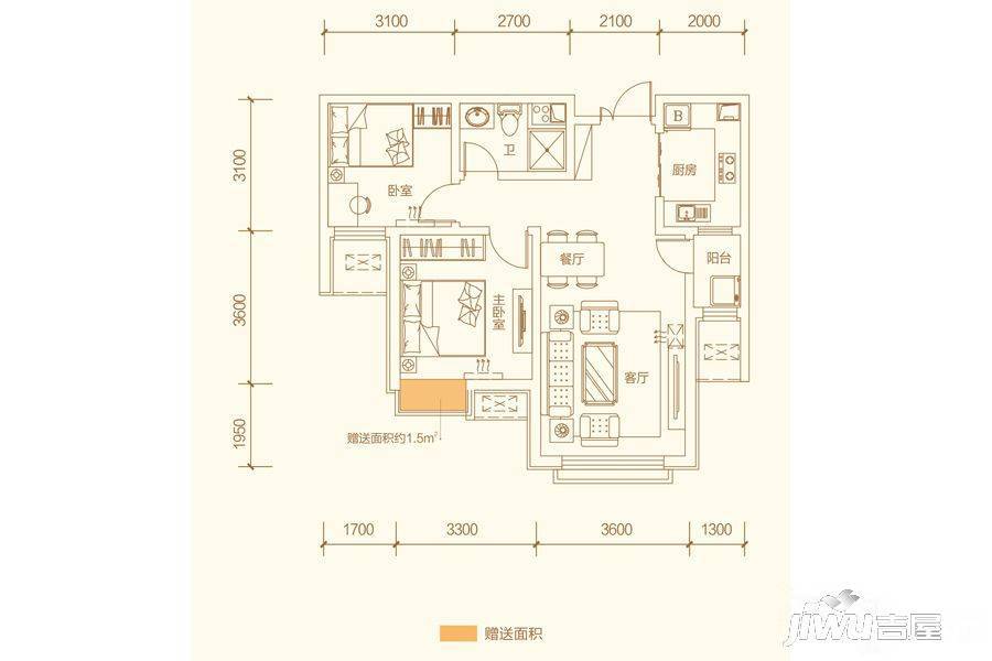 甘肃建投地产百郦湾2室2厅1卫85㎡户型图