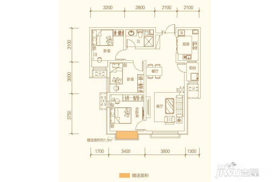 甘肃建投地产百郦湾3室2厅1卫105㎡户型图