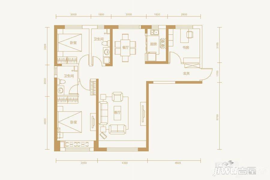 保利·金香槟3室2厅2卫128㎡户型图