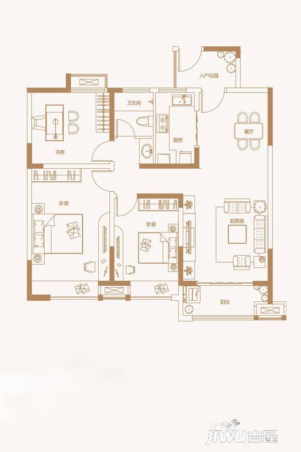 新泰大溪地现代城3室2厅1卫113.4㎡户型图
