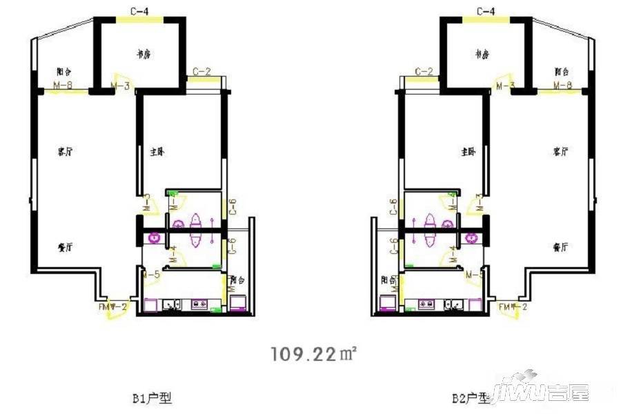 兴科明珠花园2室1厅1卫109㎡户型图