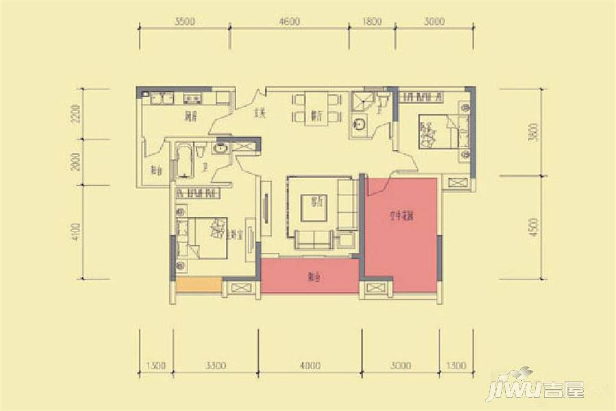 轩达绿地中央2室2厅2卫107.3㎡户型图