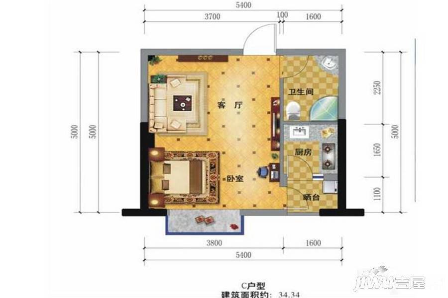 永成公寓1室1厅1卫34.3㎡户型图