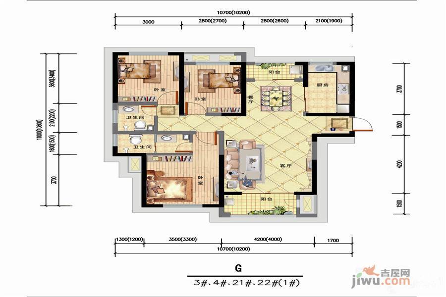 腾曦佳园3室2厅1卫140㎡户型图