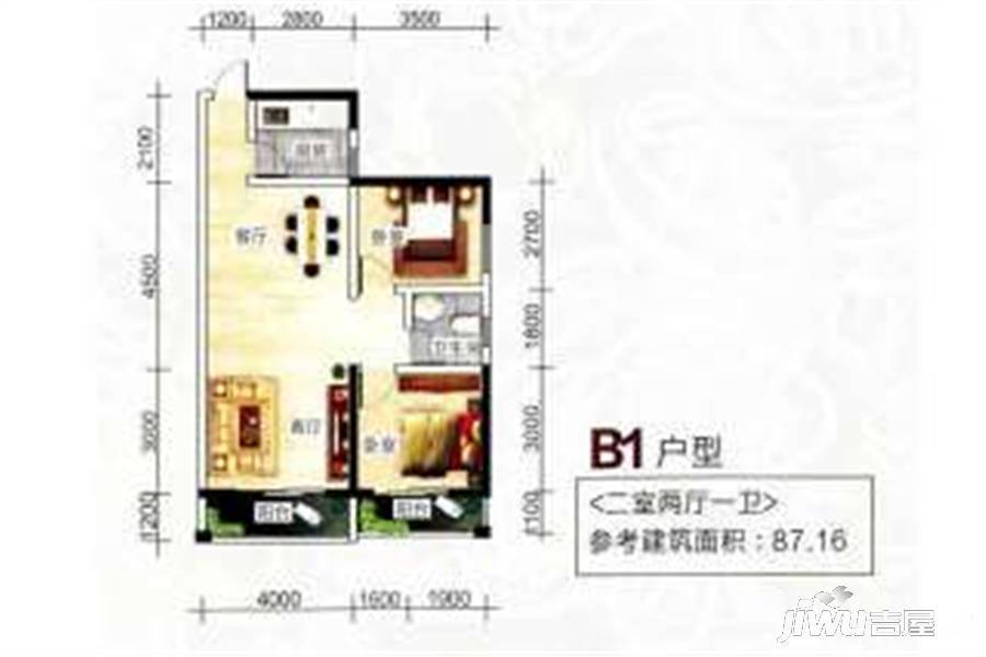 龙腾国际2室1厅1卫87㎡户型图