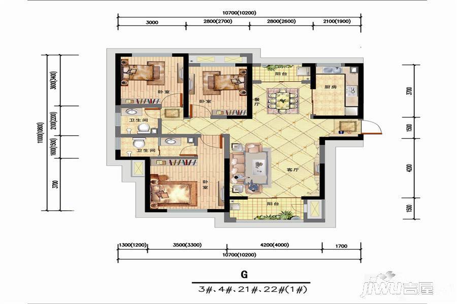 腾冲砚湖国际花园3室2厅2卫110㎡户型图