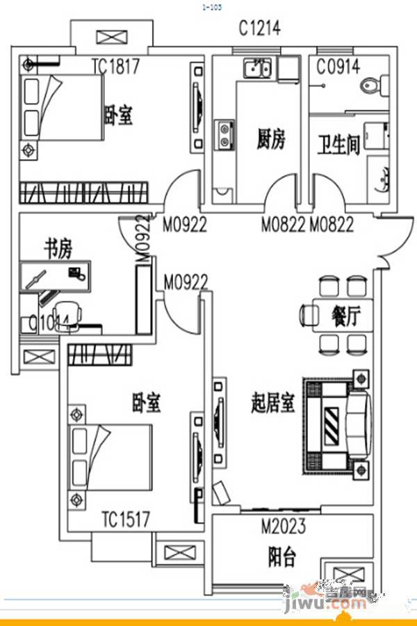 耀邦公馆3室2厅1卫125㎡户型图