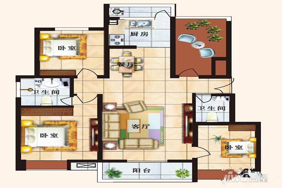 城南壹号3室2厅1卫123㎡户型图