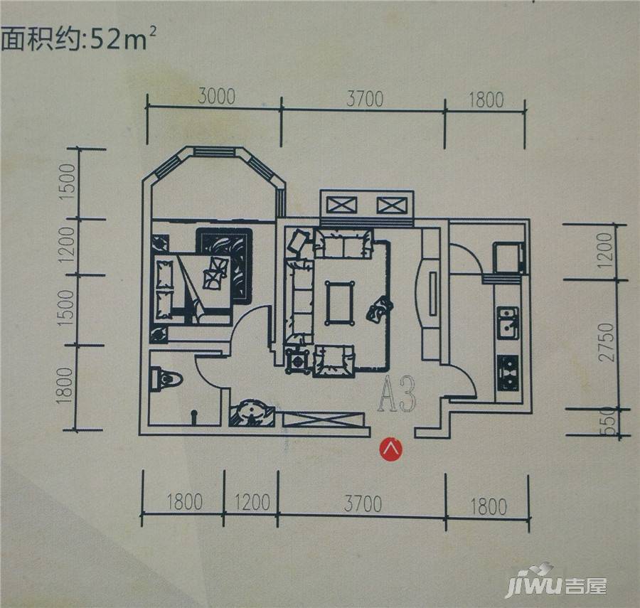 铜川七彩国际（商铺）1室1厅1卫52㎡户型图