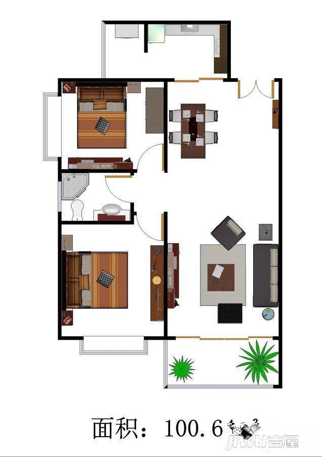 铜川富丽豪庭2室2厅1卫100.6㎡户型图
