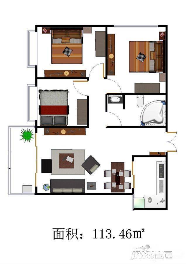 铜川富丽豪庭3室2厅1卫113.5㎡户型图