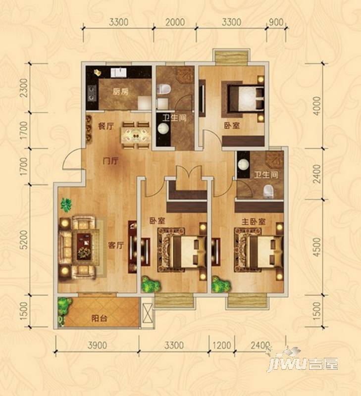 利民花园3室2厅1卫120㎡户型图