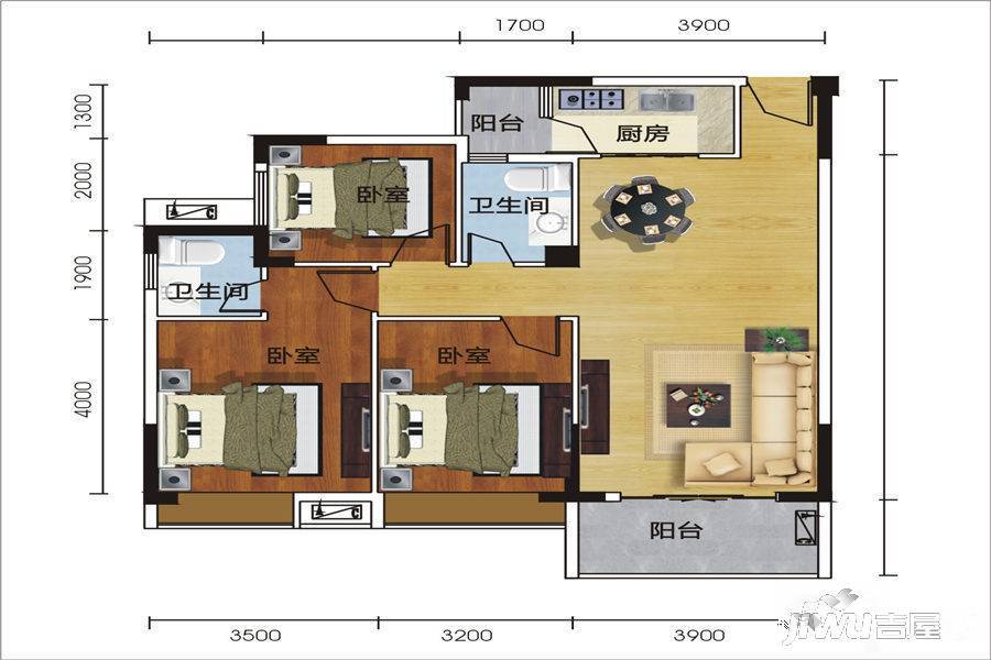 御景豪庭3室2厅2卫99.9㎡户型图