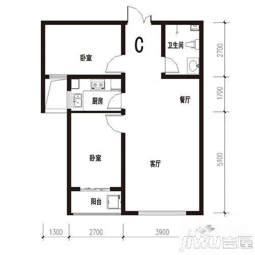 水印莱茵2室2厅1卫80.2㎡户型图