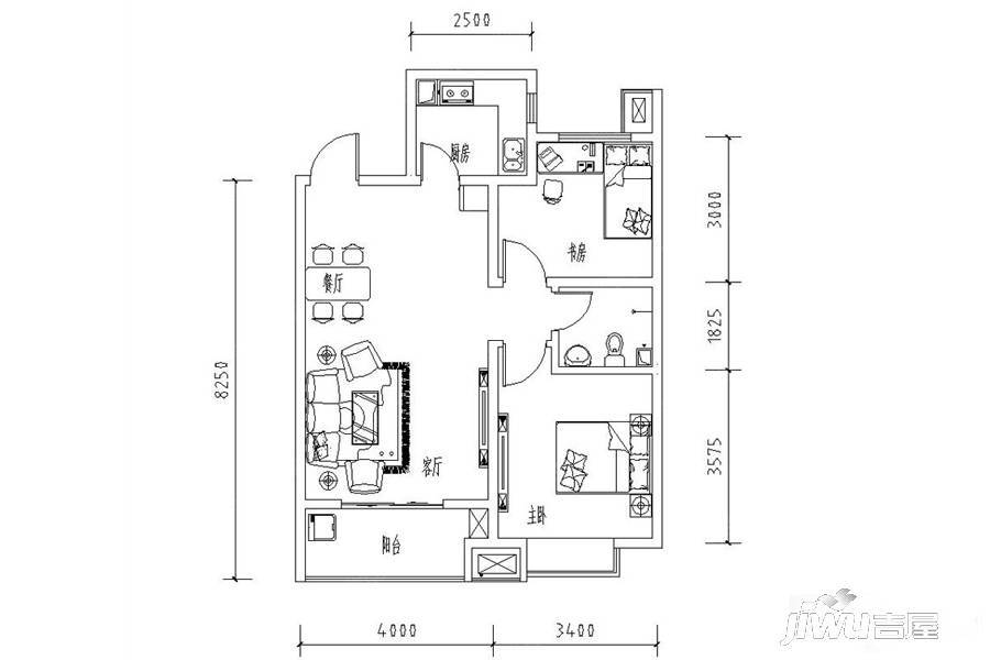 坤德蘭庭2室2厅1卫87.4㎡户型图